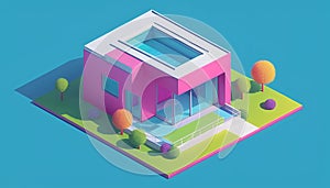 Isometric view of a detached single-family house in very colorful color combinations of the eighties