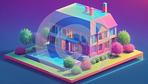 Isometric view of a detached single-family house in very colorful color combinations of the eighties