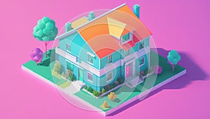 Isometric view of a detached single-family house in very colorful color combinations of the eighties