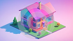 Isometric view of a detached single-family house in very colorful color combinations of the eighties