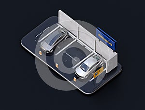 Isometric view of electric cars with car sharing billboard on smartphone. Black background