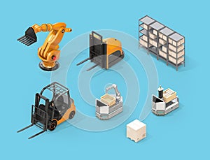 Isometric view of electric forklift, autonomous forklift, AGV, industrial robot on blue background photo