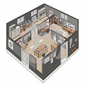 Isometric view of an engineering workshop with multiple workstations. Wooden desks photo