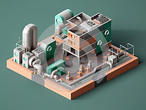 Isometric view of the exterior of a factory building with exposed mechanical and piping systems.
