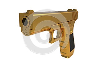 Isometric view of gold semi automatic 9x19 handgun isolated on white background