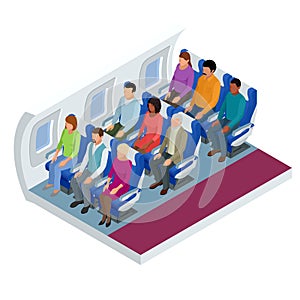 Isometric View of the Interior of an Airplane. Airplane passengers and crew. Various airplane passengers on the flight.