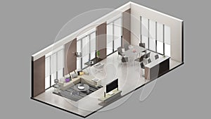 Isometric view of a living room and dining,residential area, 3d rendering