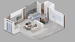 Isometric view of a living room and dining room,residential area