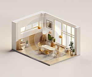 Isometric view living room muji style open inside interior architecture, 3d rendering digital art