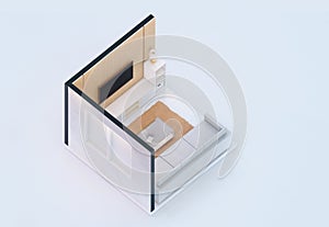 Isometric view of a living room orthographic floor plan realistic 3d rendering