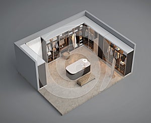 Isometric view of Luxury walk in closet interior with wood and gold elements.