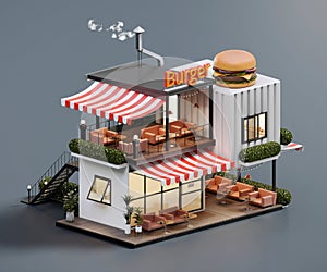 Isometric view minimal burger restaurant container store exterior architecture, 3d rendering digital art