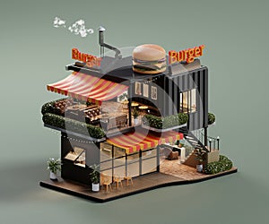 Isometric view minimal burger restaurant container store exterior architecture, 3d rendering digital art