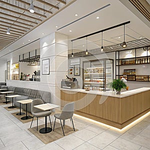 Isometric view minimal cafe store open inside interior architecture, 3D rendering digital art