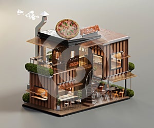 Isometric view minimal pizza restaurant container store exterior architecture, 3d rendering