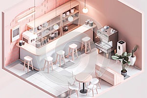 Isometric view of a minimalist coffee shop interior. pastel colors. By generative Ai