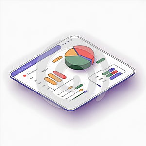 Isometric minimalist dashboard with pie chart bar graphs and data visualization analytics