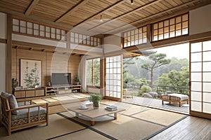 Isometric view living room with muji style interior photo