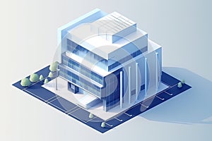 isometric view of modern office building, with sleek lines and geometric shapes