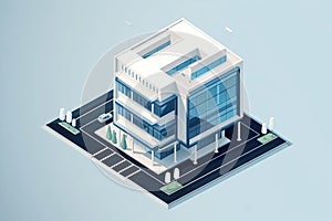 isometric view of modern office building, with sleek lines and geometric shapes