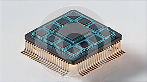 Isometric view of a multi-layered computer processor chip.