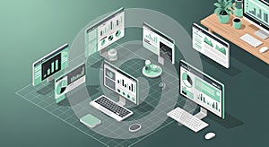 Isometric View of Multiple Computer Screens Displaying Data Visualizations