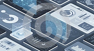 Isometric view of multiple devices displaying data visualizations