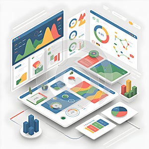 Isometric digital dashboard interface with charts graphs and data visualization elements