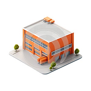 Orange Warehouse Building with Delivery Trucks: Isometric View