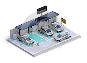 Isometric view of parking lot equipped with charging station, solar panel. Car sharing business