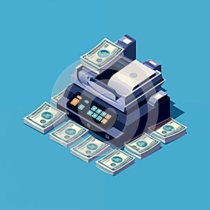 Isometric view of Printer printing money banknotes. QE policy concept. By generative Ai