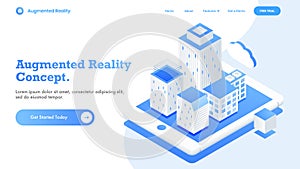 Isometric view for responsive landing page design with futuristic smart city concept.