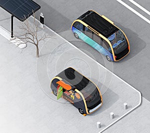 Isometric view of self-driving bus passing vending car on the street