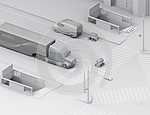 Isometric view of self-driving delivery robot crossing the road