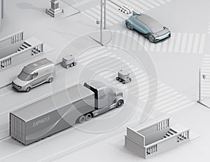 Isometric view of self-driving delivery robot crossing the road with a pedestrian crossing