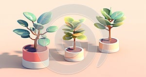 The isometric view shows an air-purifying plant. 3 Indian rubber trees planted in pots