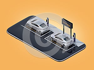 Isometric view of silver electric cars with car sharing billboard on smartphone