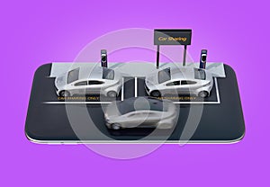 Isometric view of silver electric cars with car sharing billboard on smartphone. Purple background
