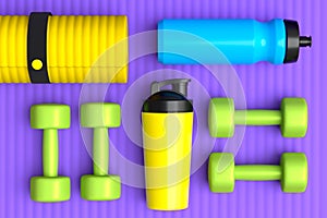 Isometric view of sport equipment like dumbbell, water bottle and yoga mat