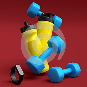 Isometric view of sport equipment like dumbbell, water bottle and yoga mat