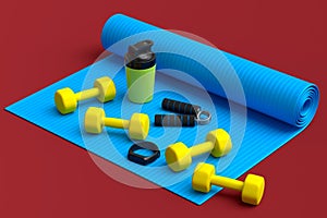 Isometric view of sport equipment like dumbbell, water bottle and yoga mat