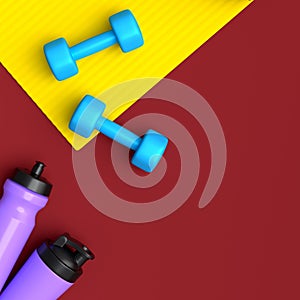 Isometric view of sport equipment like dumbbell, water bottle and yoga mat