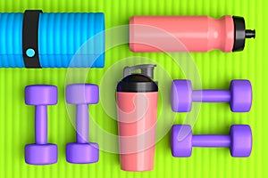 Isometric view of sport equipment like dumbbell, water bottle and yoga mat