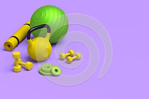 Isometric view of sport equipment like kettlebell, dumbbell and yoga mat