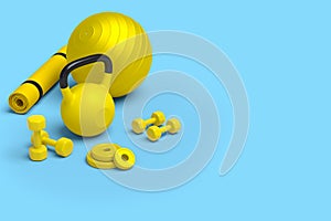 Isometric view of sport equipment like kettlebell, dumbbell and yoga mat