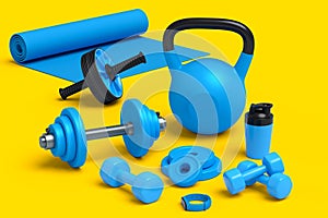 Isometric view of sport equipment like kettlebell, dumbbell and yoga mat