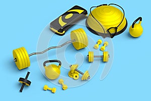 Isometric view of sport equipment like kettlebell, dumbbell and yoga mat