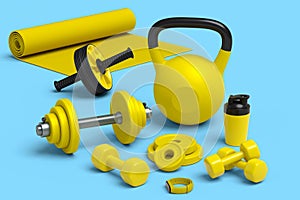 Isometric view of sport equipment like kettlebell, dumbbell and yoga mat