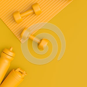 Isometric view of sport equipment like water battle, dumbbell and yoga mat