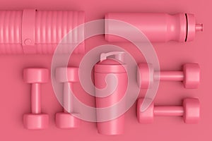 Isometric view of sport equipment like water battle, dumbbell and yoga mat